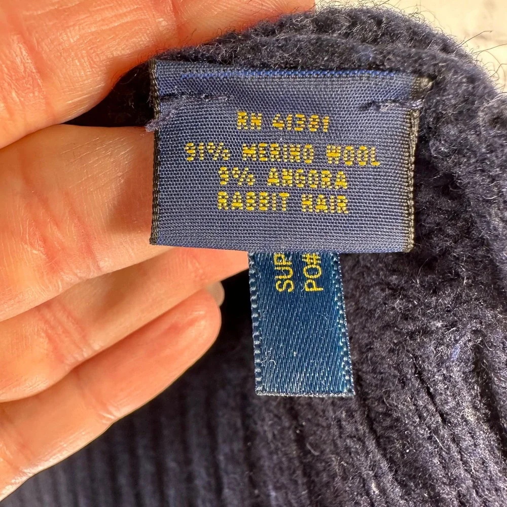 Polo Ralph Lauren Navy Merino Wool Angora Shawl Collar Sweater Mens Medium FLAW